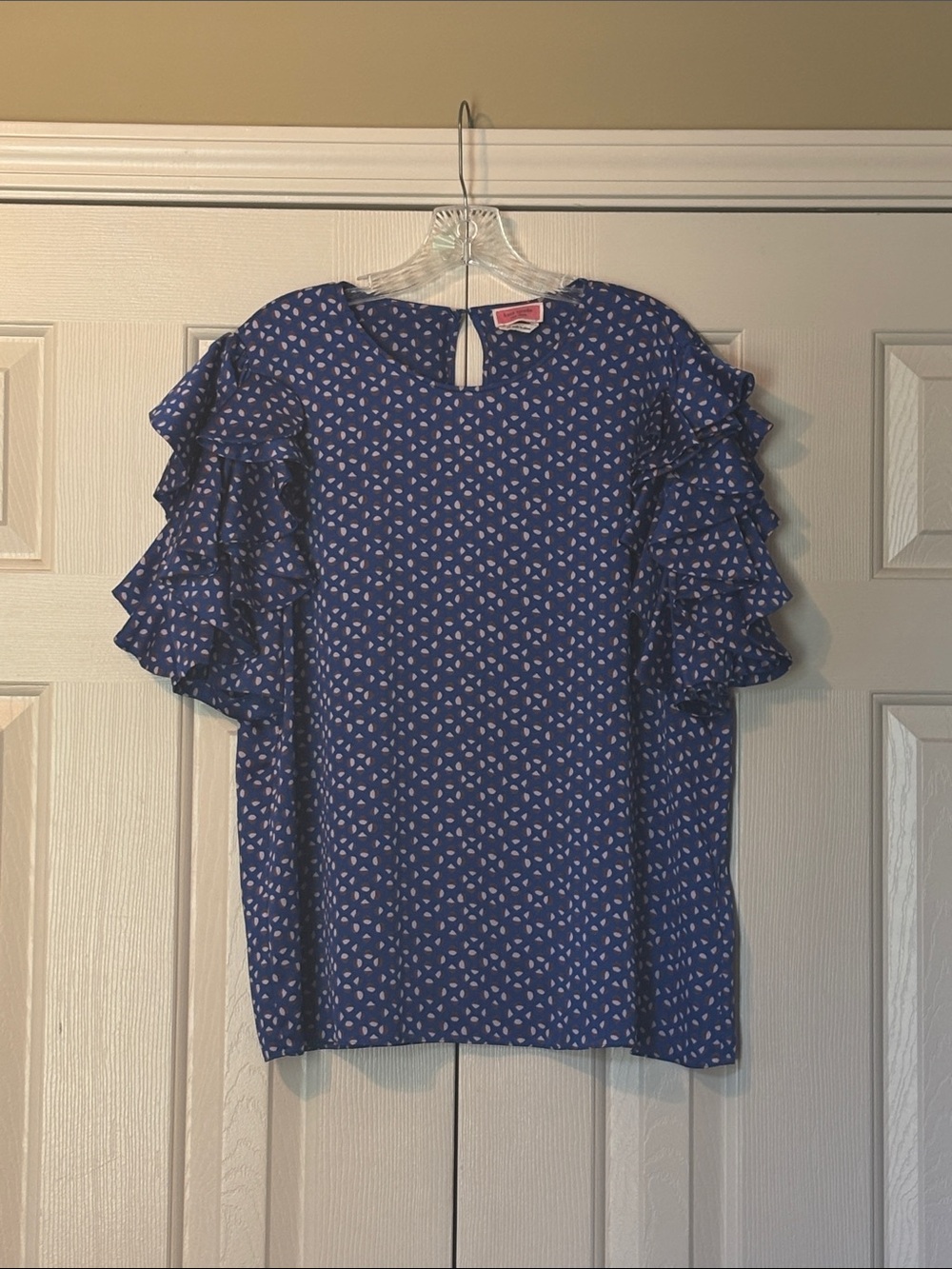 Kate Spade Blue Geo Print Ruffle Sleeve Blouse
